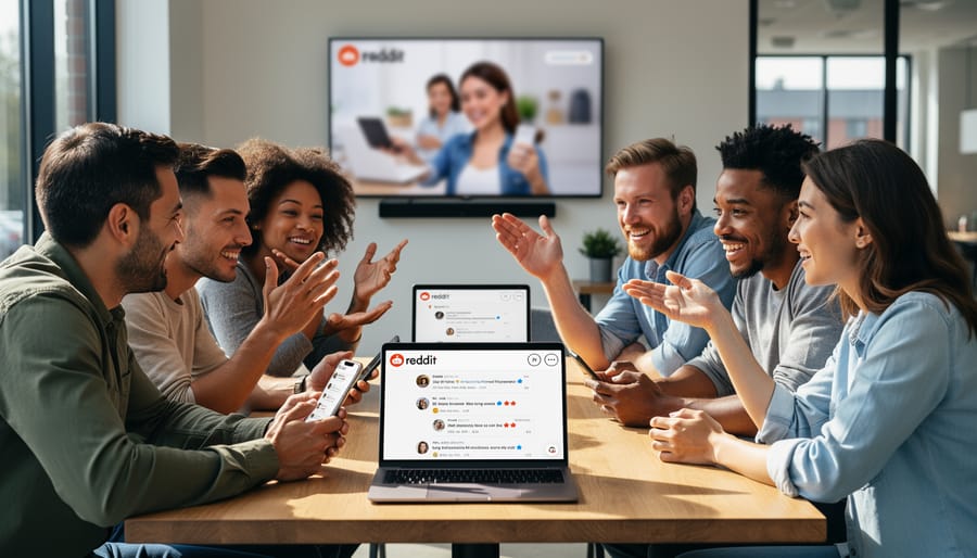 Group of people engaged in genuine conversation in casual coffee shop setting