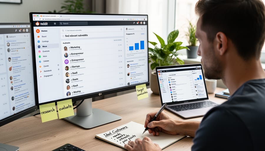 Overhead view of person researching and taking notes on laptop at wooden desk