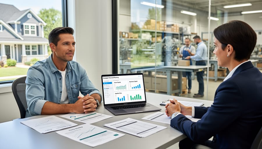 Business professionals shaking hands over house keys and documents during property transaction