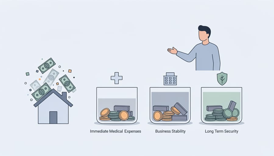 Entrepreneur reviewing financial documents at home office desk with medical reminders