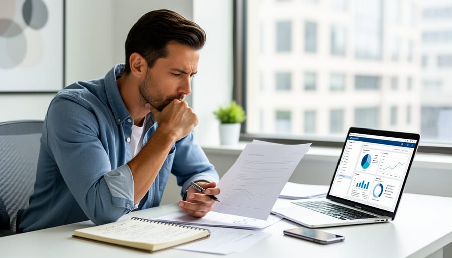 Small business owner reviewing notes near a cash register with warm sunlight in the background