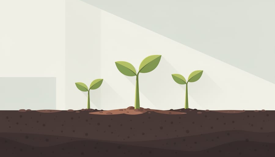 Green seedlings growing from dark soil in a glass jar on a wooden desk