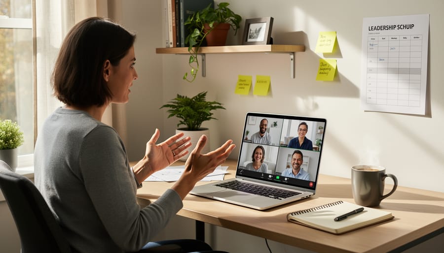 Canadian small business owner participating in a virtual leadership video call from a home office.