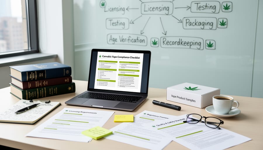 Desk with regulatory documents and a compliance checklist binder for cannabis business planning