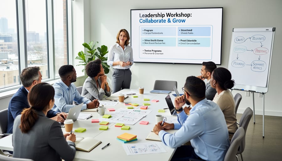 Diverse group of business owners attending a leadership workshop around a conference table with a facilitator leading discussion.