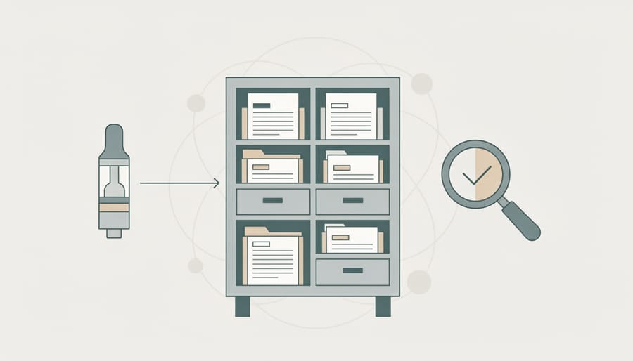 Document sleeves and compliance tools arranged on a desk to support vaping product recordkeeping