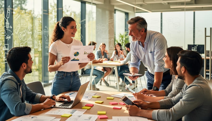 Founder giving a presentation while a mentor listens in a workshop room.