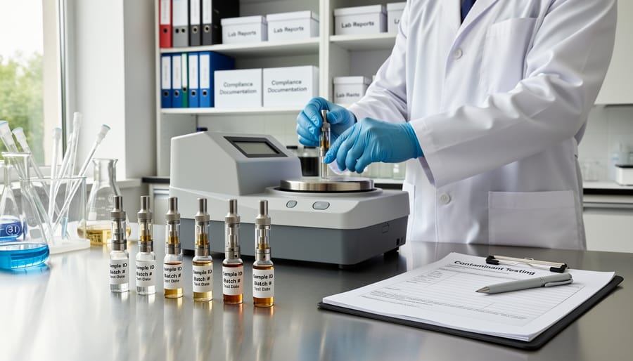 Gloved hands handling a vape cartridge sample in a laboratory specimen case
