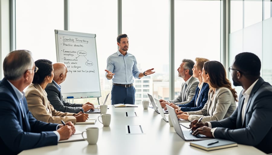 Leadership trainer speaking and gesturing to a small group during a workshop in a training room.