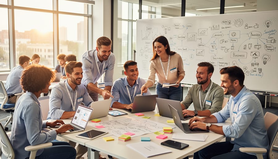 People collaborating in a co-working space with a laptop and business documents.