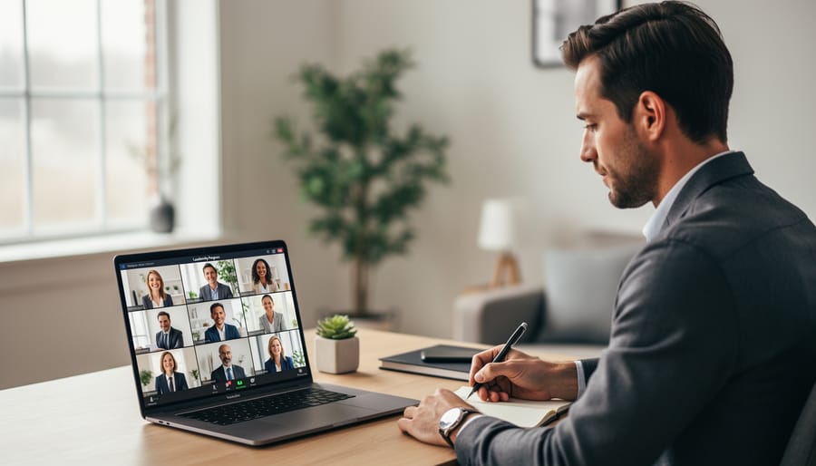 Person taking notes at a desk during a video call leadership training session with no readable text visible.