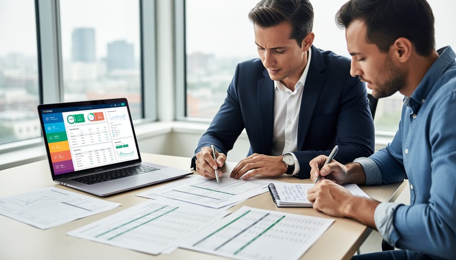 Consultant and small business owner reviewing financial documents at a desk