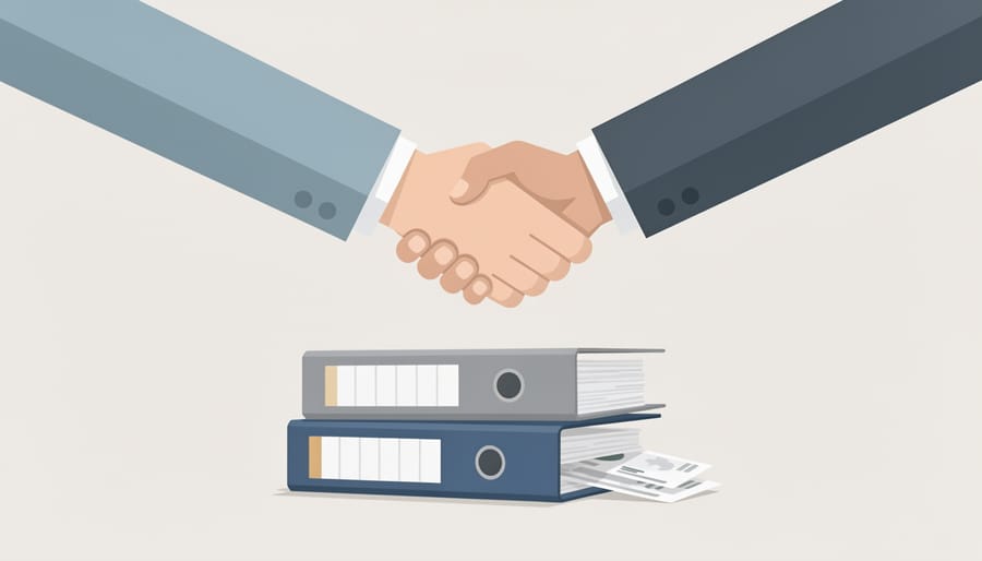 Professionals shaking hands across a table with business binders in a meeting room