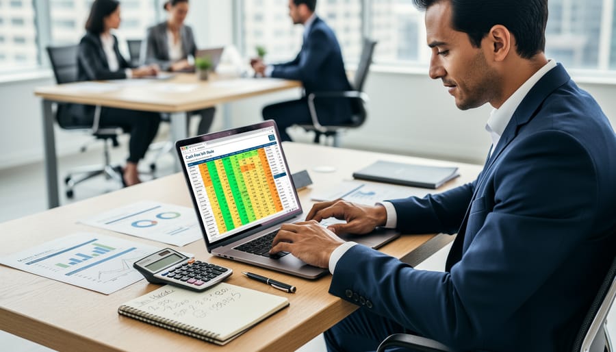 Open laptop, calculator, and organized receipts and invoices on a desk