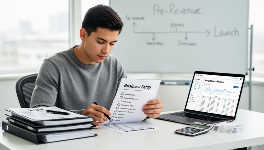 Entrepreneur signing business registration paperwork at a desk next to a laptop and phone.