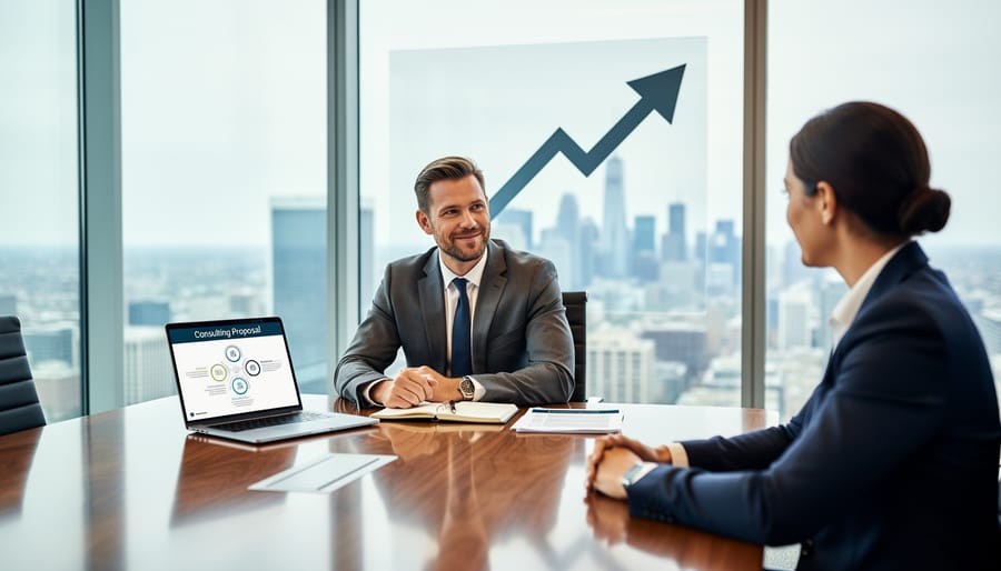 Business owner confidently holding a tablet in a modern office while collaborating with a teammate.