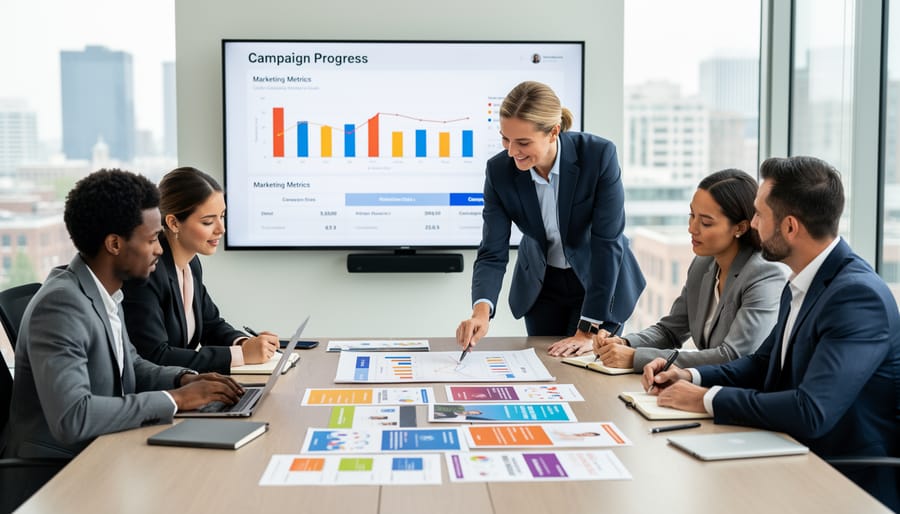 Consultant and small B2B team reviewing marketing documents together at a conference table.