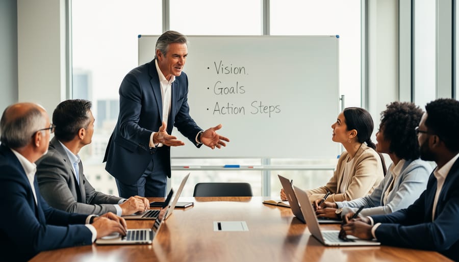 Executive leader engaged in a coaching-style conversation during a small business meeting.