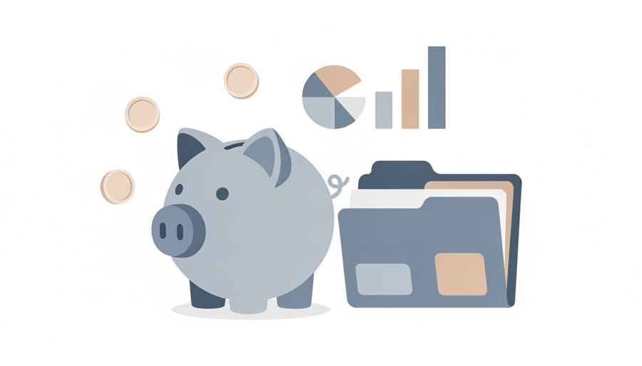 Close-up of a piggy bank and leather planning portfolio on a desk representing retirement savings preparation