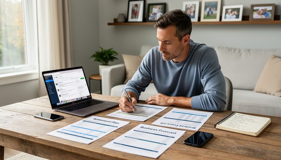 Small business owner reviewing retirement planning paperwork in a home office with an open laptop and notebook