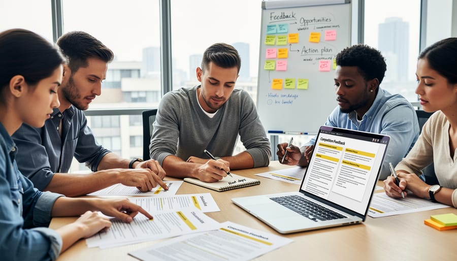 Entrepreneur and team members reviewing printed business feedback at a conference table