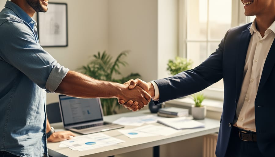 A small business owner and a startup founder shake hands over a laptop in an office.