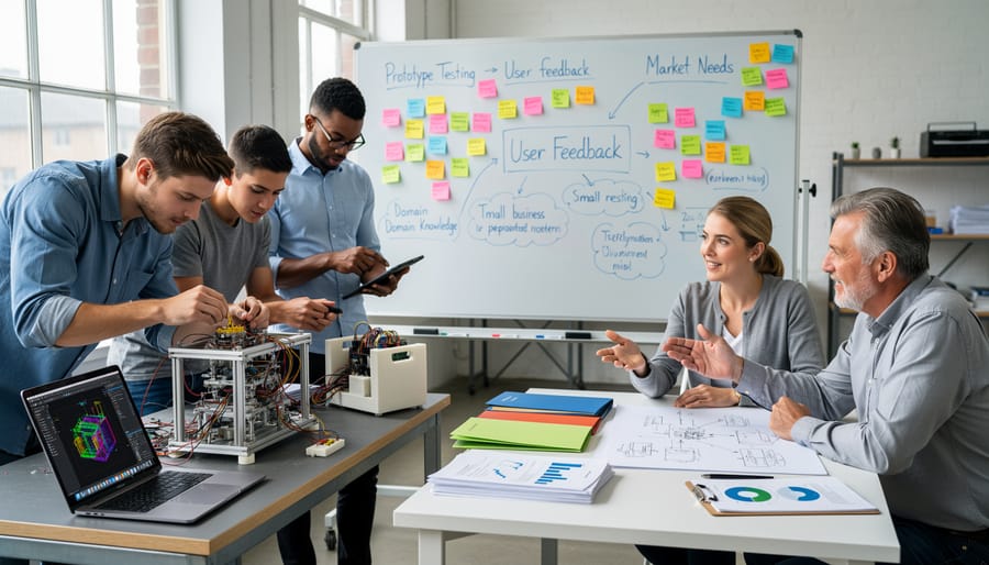 People assembling a prototype device on a workshop workbench with tools and components around.